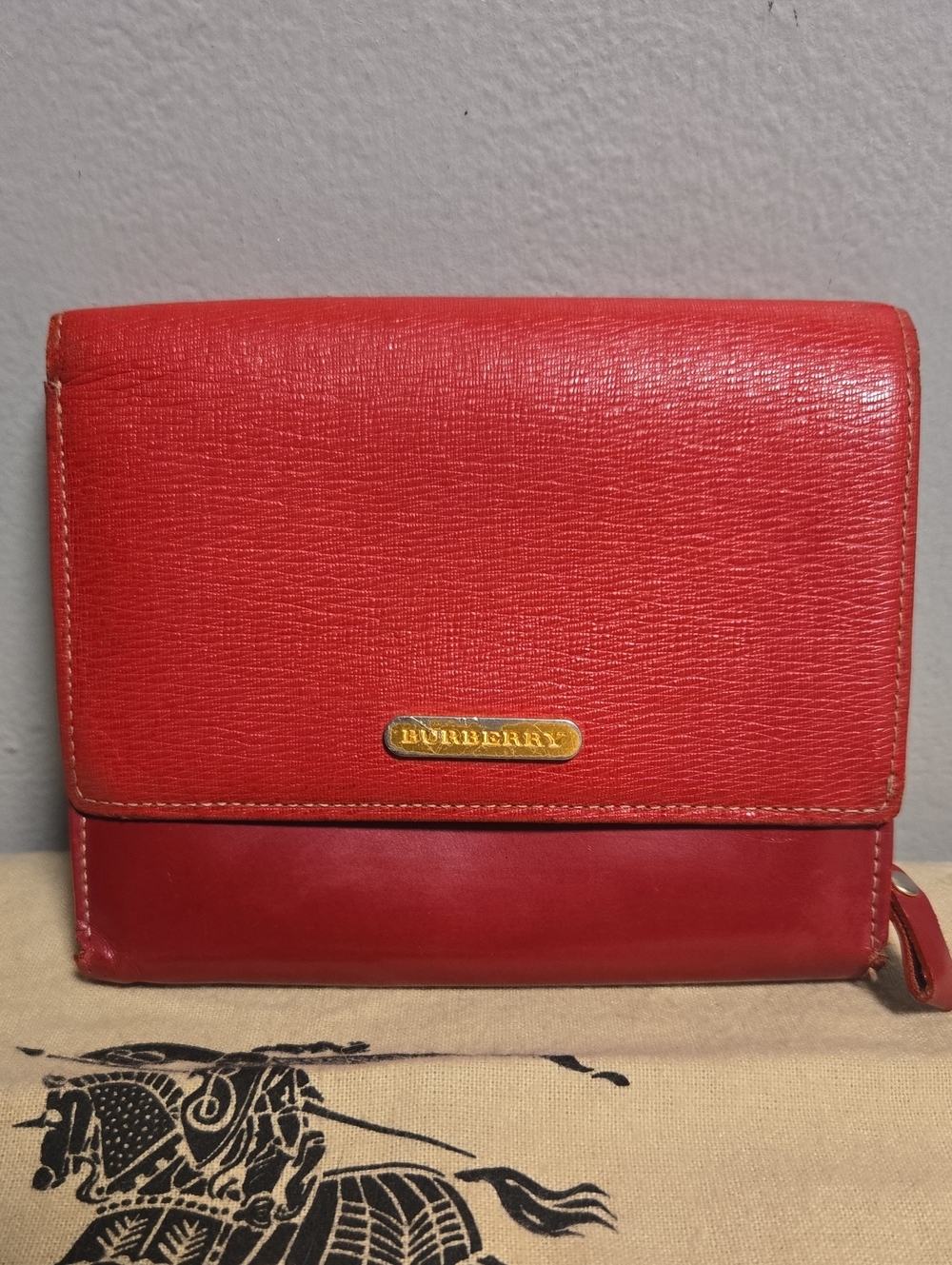 Burberry Red Leather Bifold Wallet with Gold Plaque